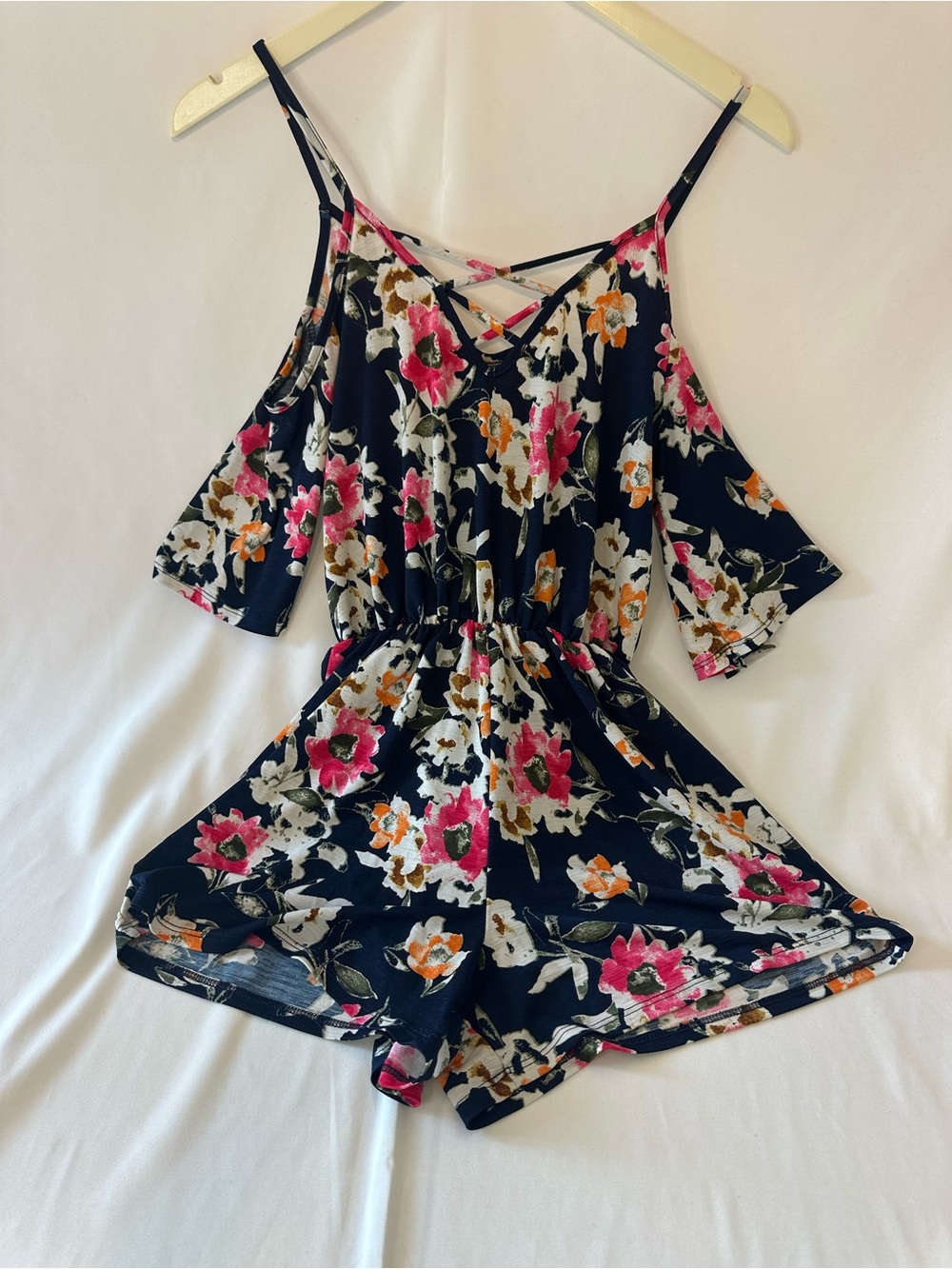 Pink Lily Navy Floral Cold-Shoulder Romper with Crisscross Straps